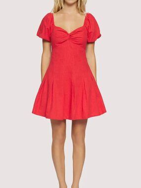 NWT Lost and Wander “Catania” Red Linen and Cotton Mini Dress with Puff Sleeves